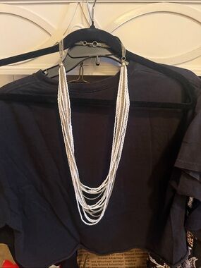 17 Strand White Glass Bead and Gold Tone Boho Statement Necklace Vtg